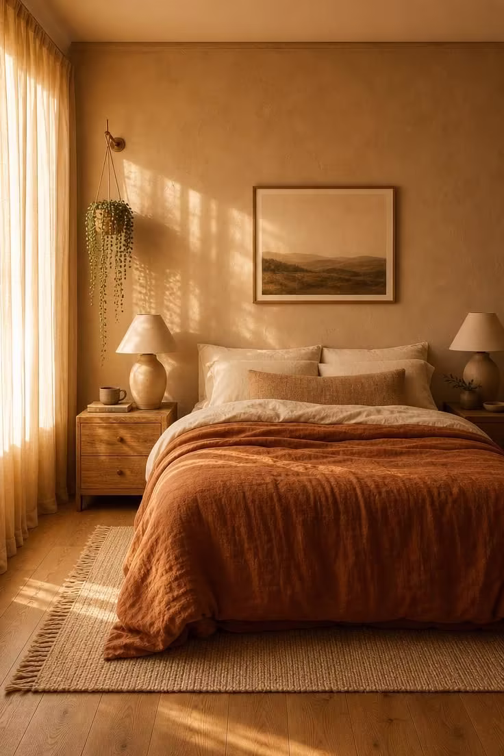 A warm sand bedroom with a cinnamon linen duvet, raw hickory nightstands, and golden afternoon light streaming through sheer curtains.