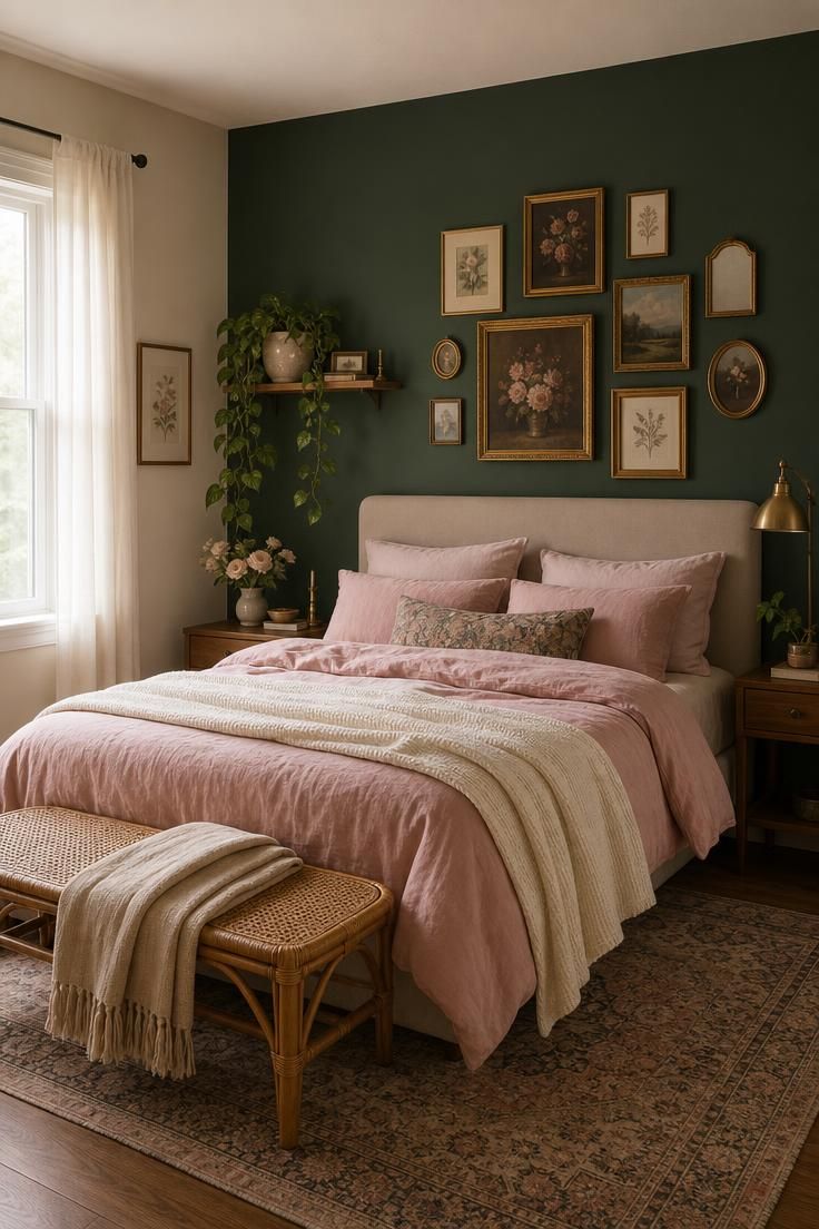 Deep forest green accent wall behind blush bedding with aged gold frames in soft morning light.