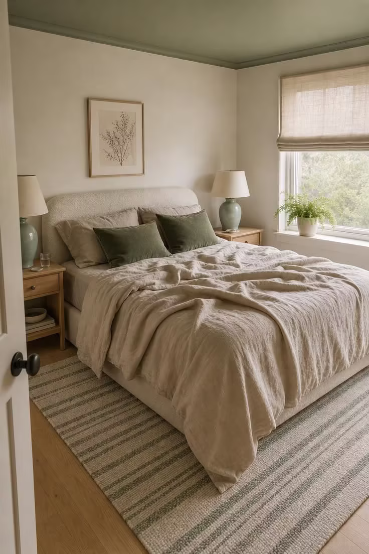 A bedroom with a sage green ceiling, oat-toned linen bedding, matte celadon ceramic lamps, and soft diffused morning light.