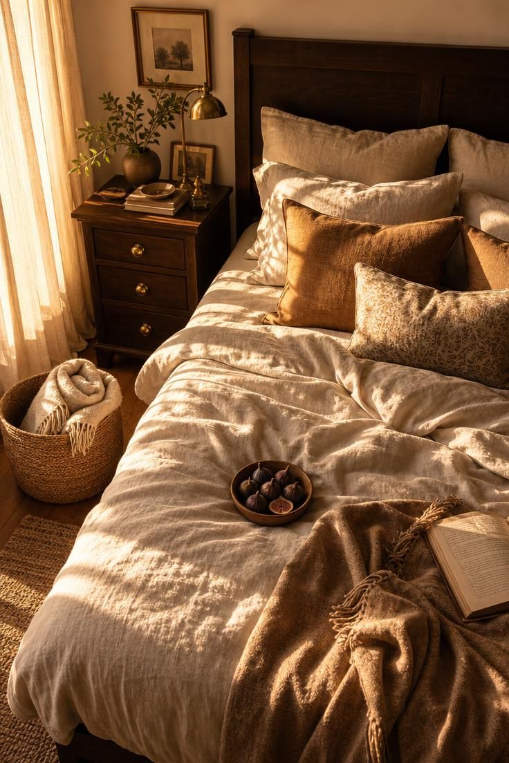 Espresso wood bed frame with oatmeal linen bedding and antique brass knobs in warm afternoon light.