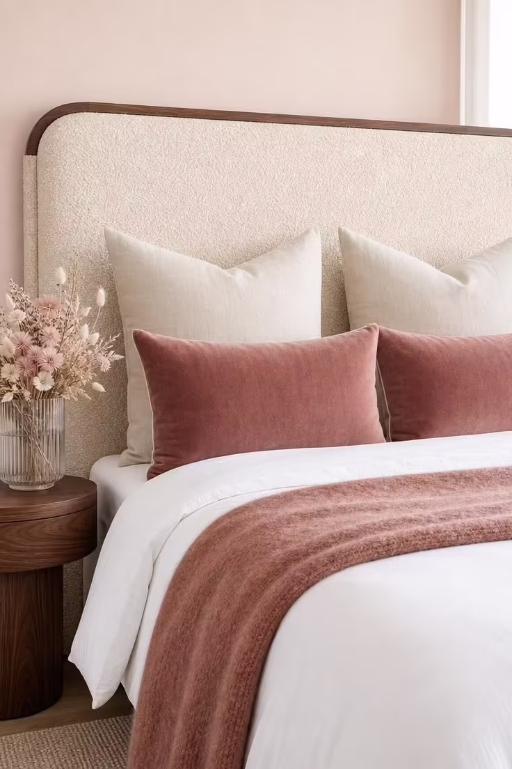 A close-up of dusty rose velvet pillows against a cream bouclé headboard with walnut trim, bright midday light, and a dried flower arrangement.