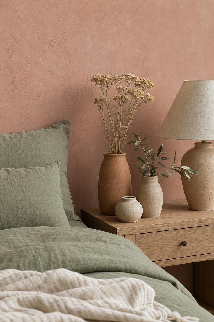 Muted clay-pink walls with sage green bedding and unglazed stoneware vessels in bright midday light.