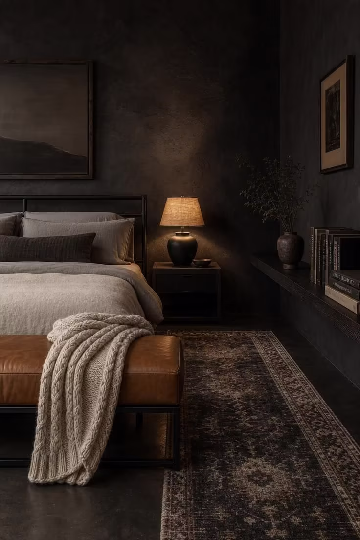 A moody bedroom with charcoal plaster walls, a camel leather bench, ivory wool throw, and warm lamplight casting soft shadows.