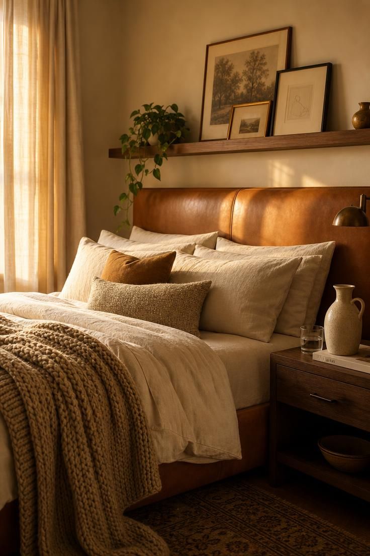 Caramel leather headboard against warm cream walls with a walnut ledge in golden light.