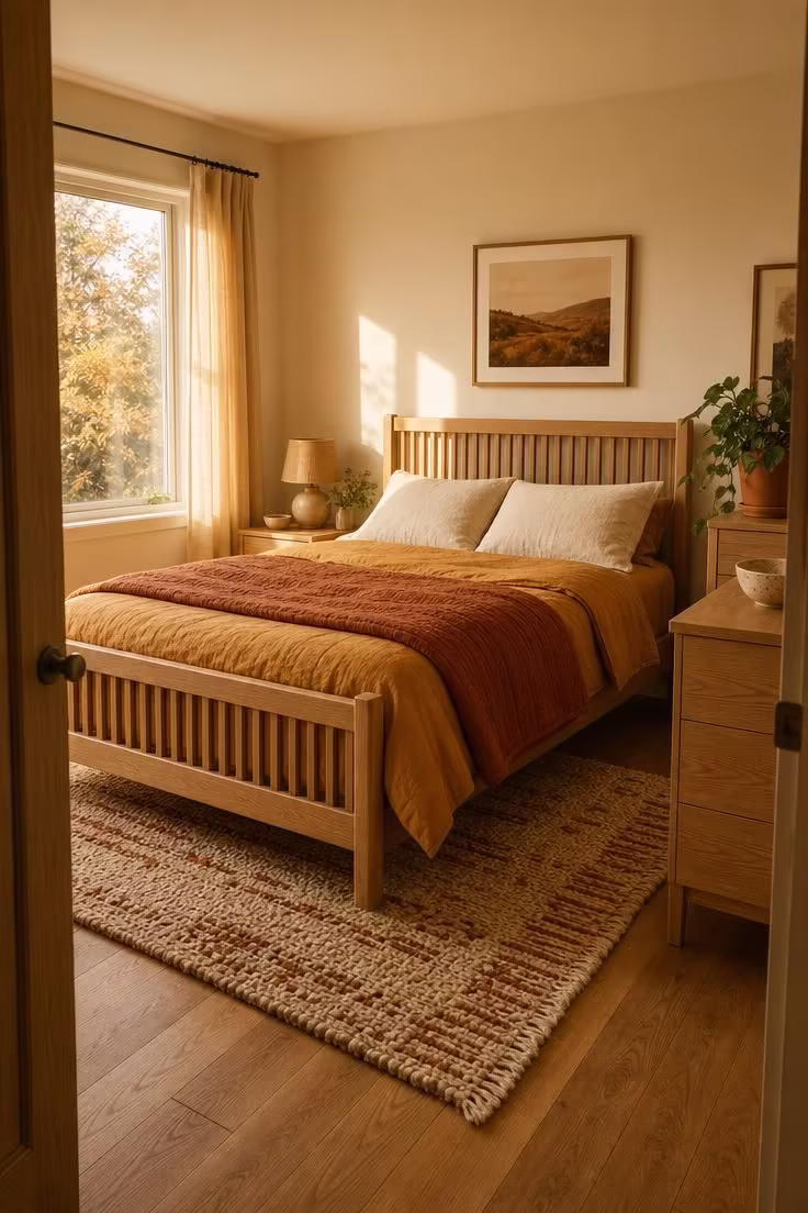 A wide view of a bedroom with rust and ochre layered bedding on a white oak slatted bed frame, golden light filling the space.