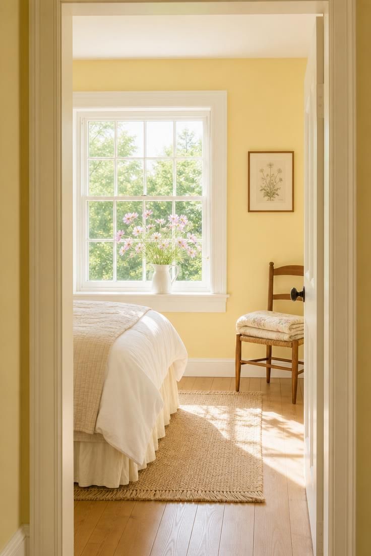 Soft butter-yellow walls with warm white trim and pale oak floorboards seen from the doorway in midday light.