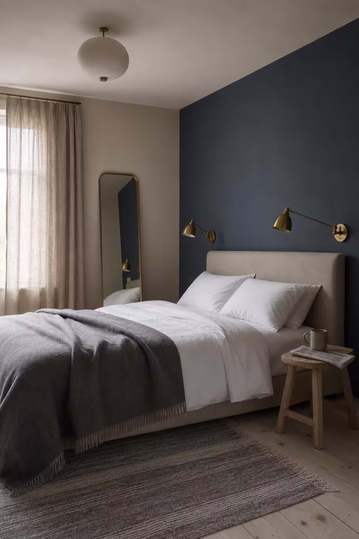 A bedroom with a slate blue accent wall, warm brass reading lights, flax linen curtains, and cool overcast morning light.