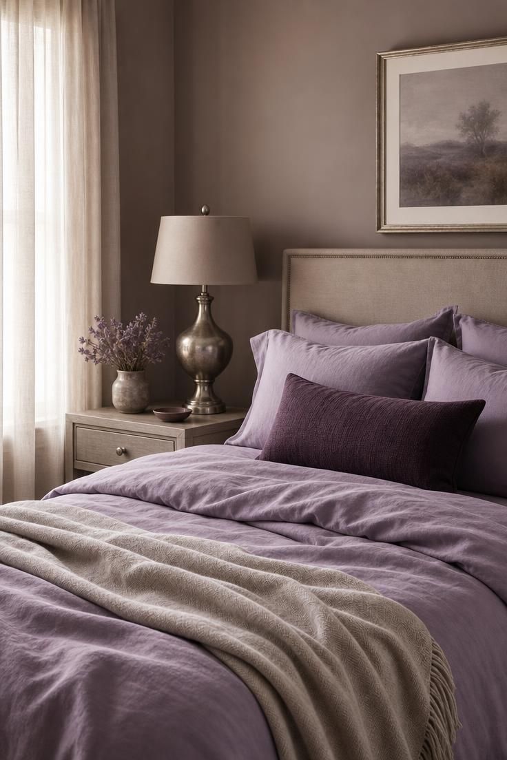 Dusty lavender bedding over soft taupe walls with a pewter table lamp in soft diffused light.
