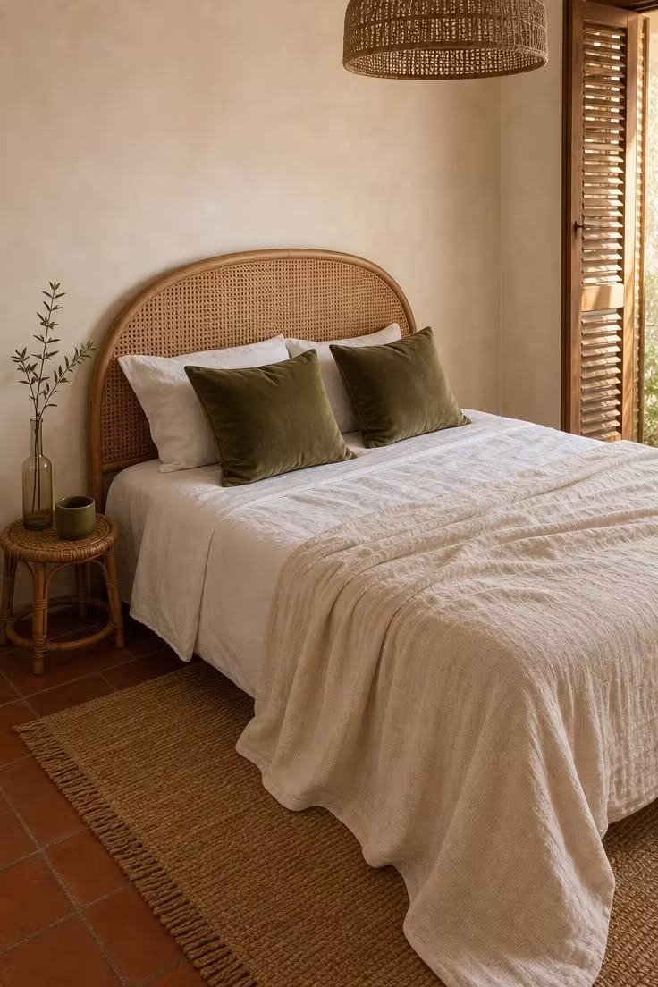 Olive velvet pillows on a rattan cane headboard against a warm cream plaster wall, with soft diffused light through wooden shutters.