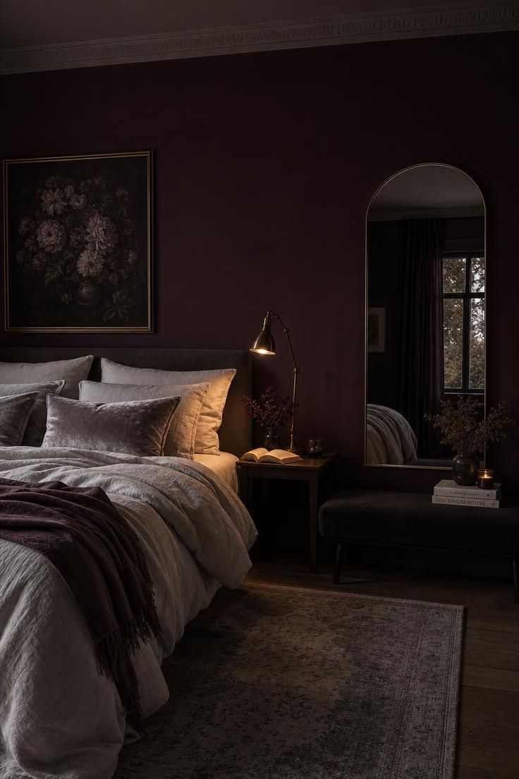 Deep plum feature wall with dove bedding and silver velvet cushions in low evening light.