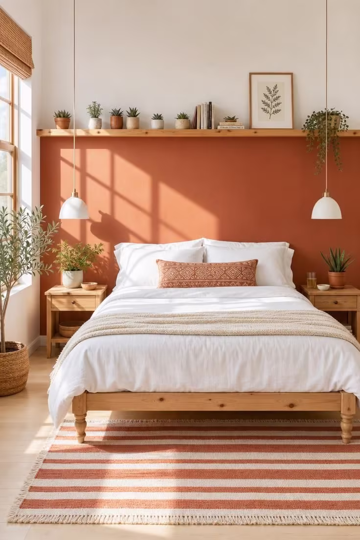 A bedroom with terracotta-painted lower walls, white upper walls, pine shelving with plants, and bright midday light.