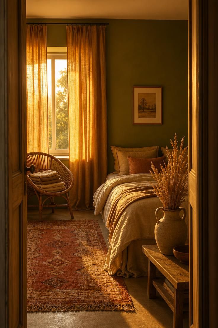 Golden ochre curtains framing a muted green wall and cream bedding in warm evening light.