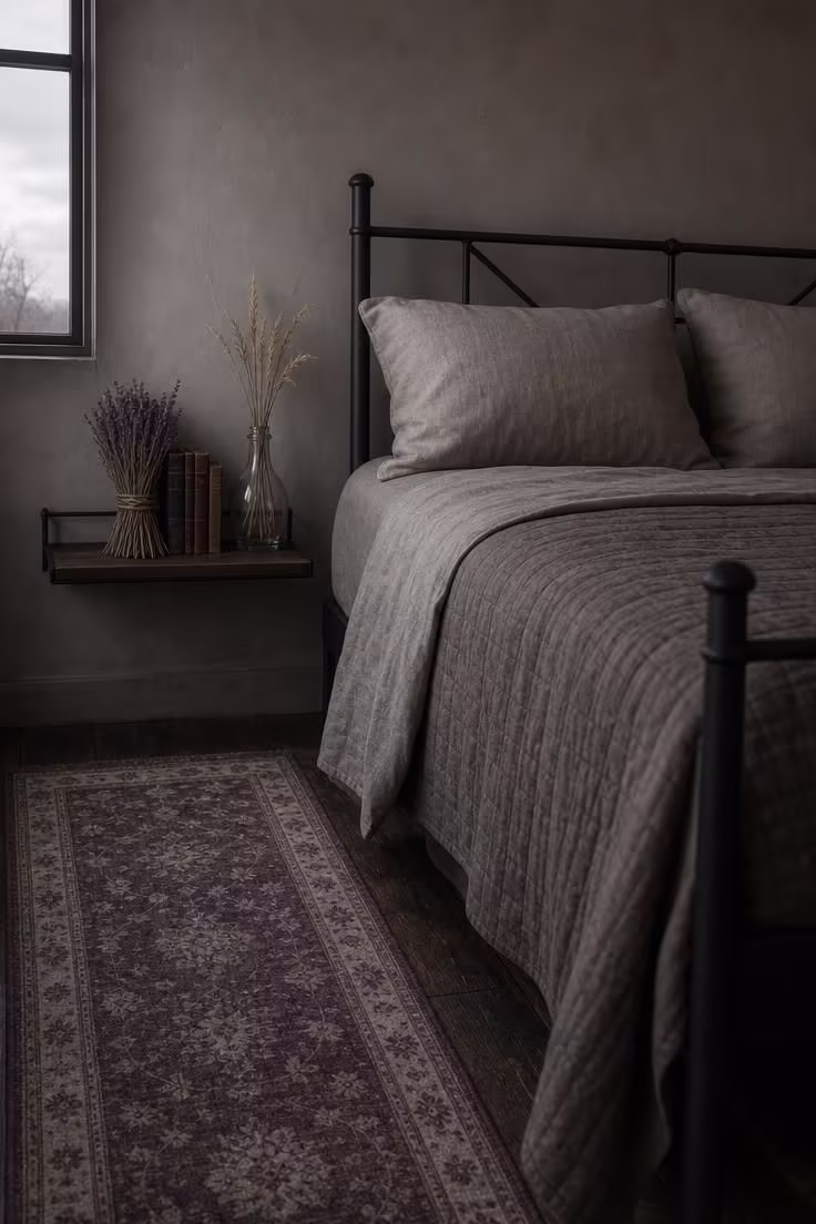 A moody bedroom with mushroom gray bedding on a black iron frame, dried lavender, and soft overcast light from a small window.