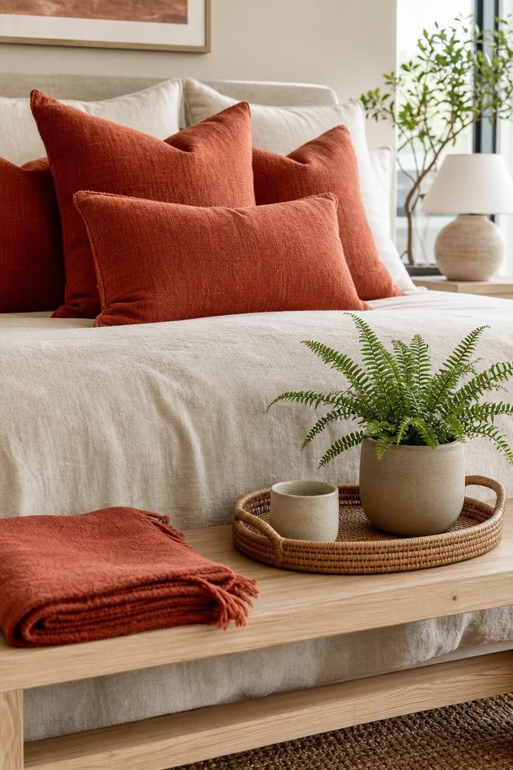 Paprika throw pillows on a bone linen duvet with an ash wood bench in bright daylight.