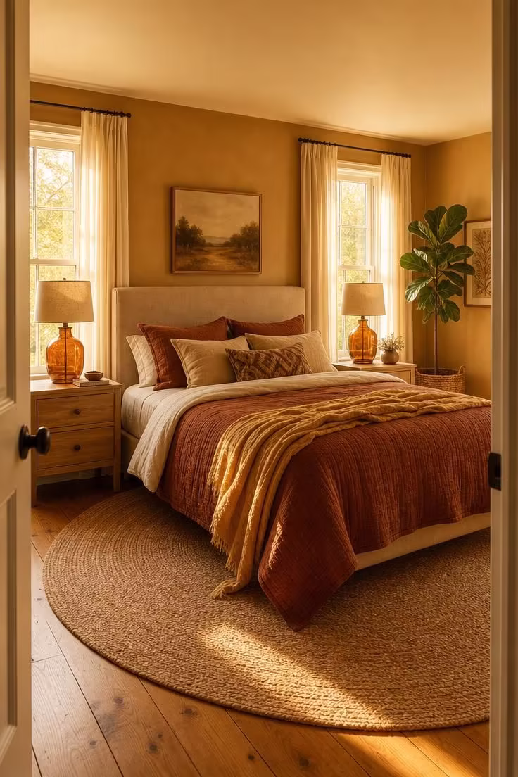 A golden bedroom with honey-toned walls, spice-colored linen quilt, amber glass lamps, cotton gauze curtains, and warm afternoon light.