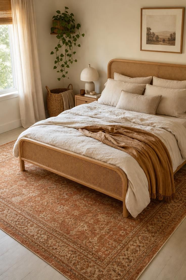 Warm terracotta rug grounding ivory walls and a cane bed frame in soft diffused light.