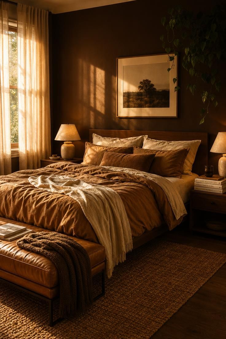Simple Spaces 14 Cozy bedroom at golden hour with a chocolate-brown wall, toffee bedding, walnut bed, and warm layered textures.