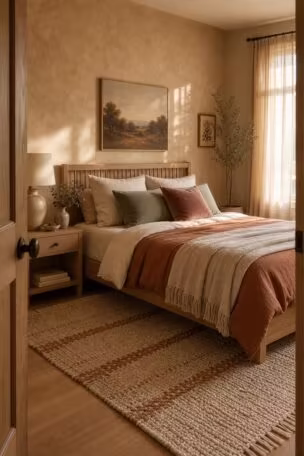 A cozy bedroom with warm sand walls, layered cinnamon and cream bedding, white oak furniture, and golden afternoon light streaming through sheer curtains.