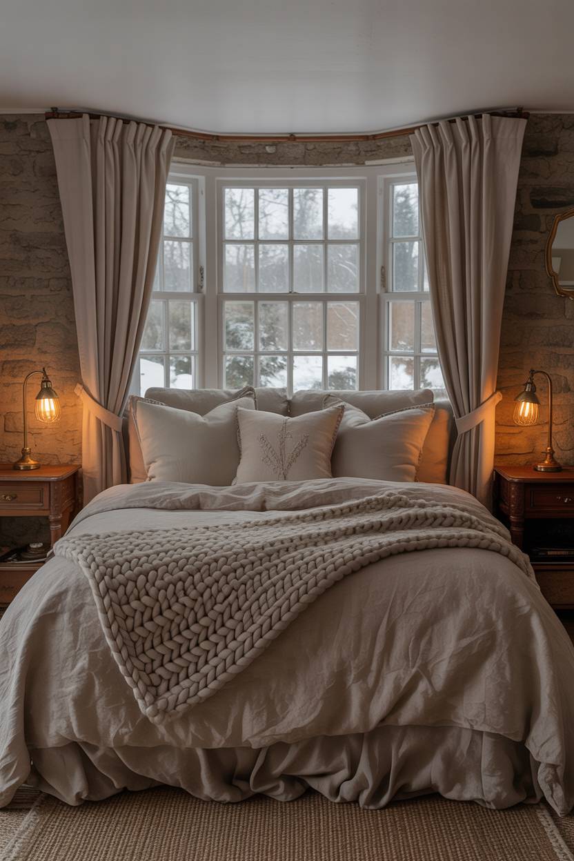 27 Cozy Cottage Bedroom Ideas for a Warm, Charming Retreat 2 A master bedroom in a stone cottage featuring a king-sized bed with chunky knit throws