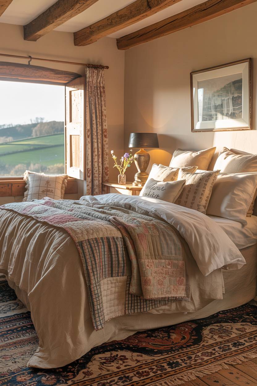 27 Cozy Cottage Bedroom Ideas for a Warm, Charming Retreat 3 A cottage bedroom with patchwork quilt and rolling hills view