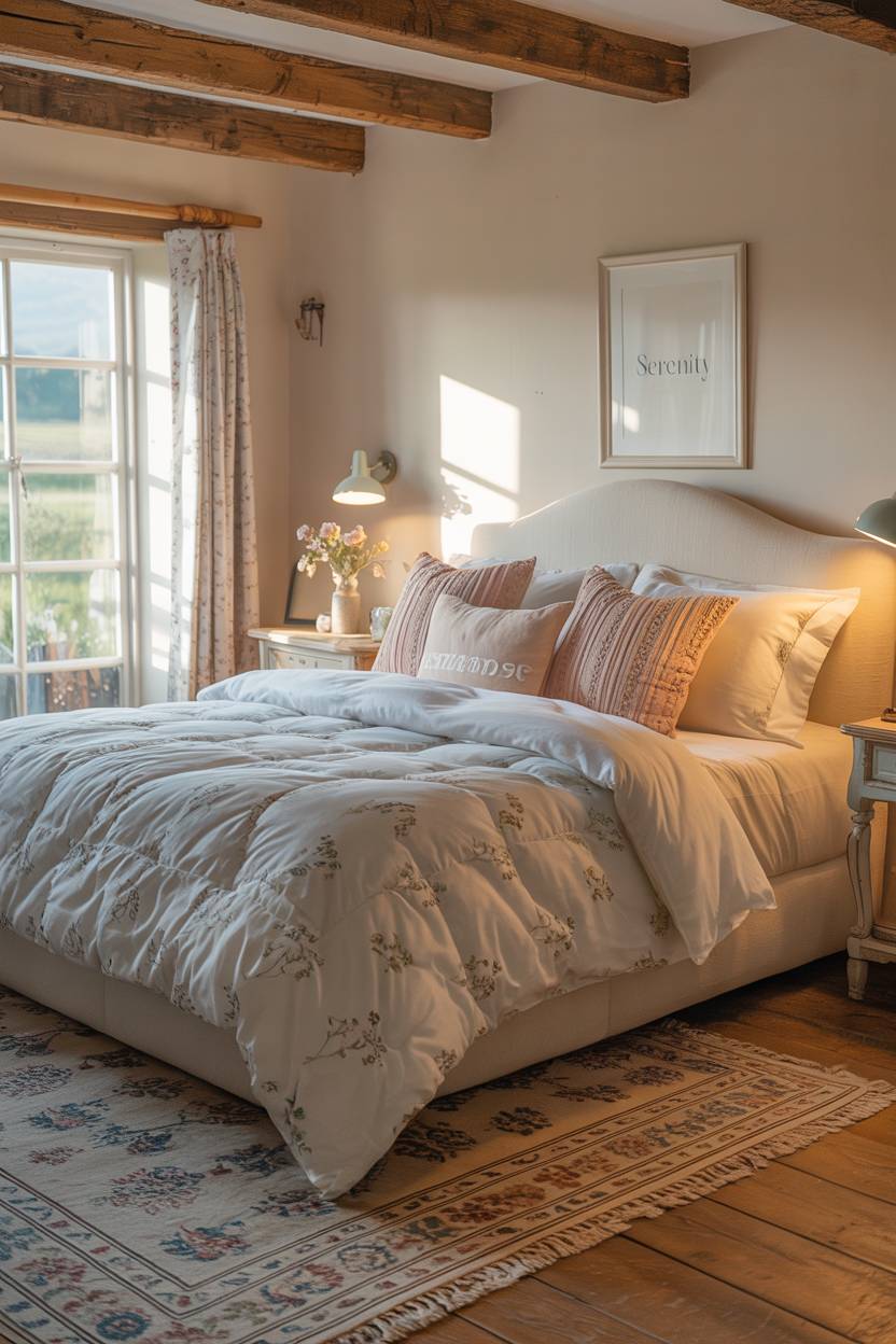 27 Cozy Cottage Bedroom Ideas for a Warm, Charming Retreat 4 A master bedroom featuring white floral comforter and exposed wooden beams