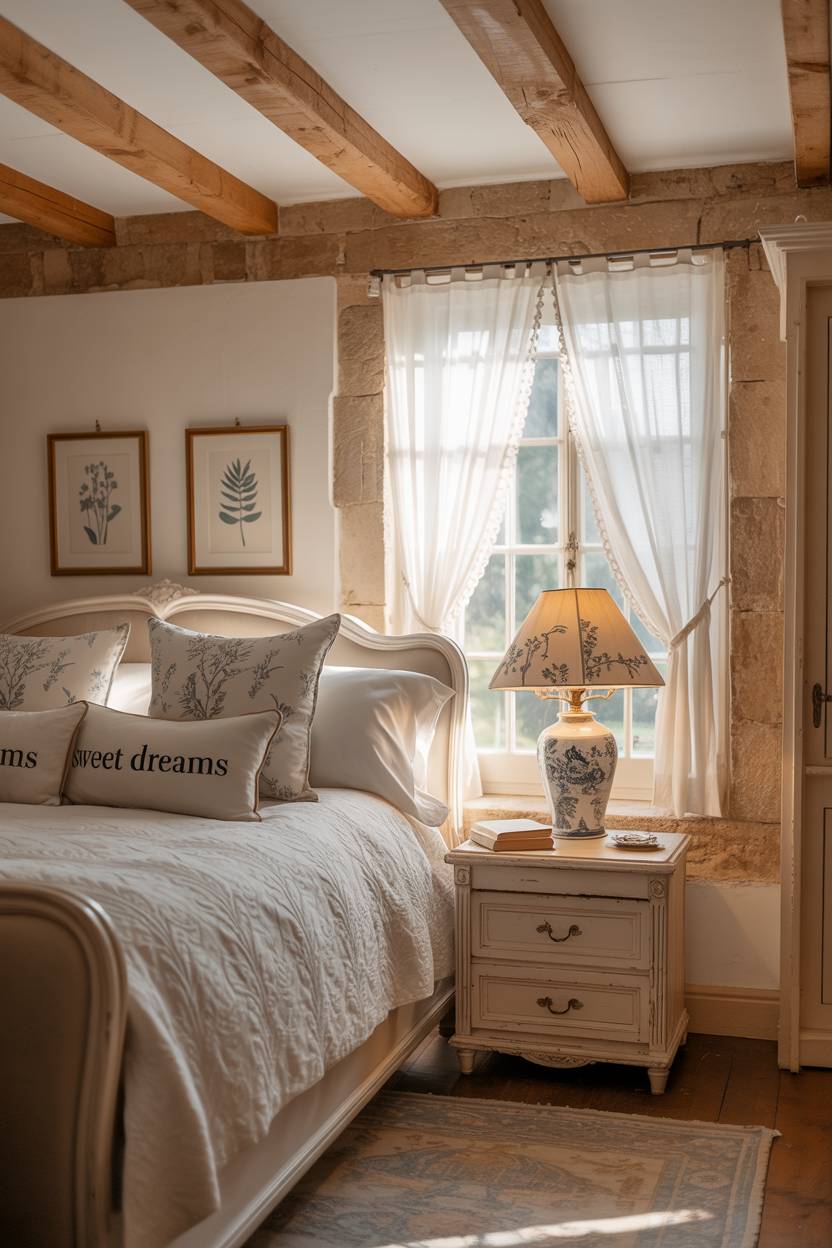 27 Cozy Cottage Bedroom Ideas for a Warm, Charming Retreat 5 A stone cottage bedroom with botanical prints and lace-curtained window