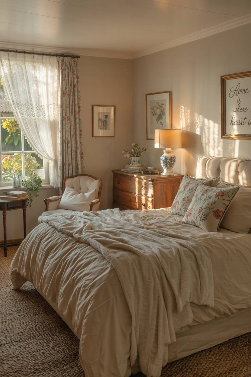 27 Cozy Cottage Bedroom Ideas for a Warm, Charming Retreat 6 A cottage bedroom with vintage dresser and comfortable reading chair