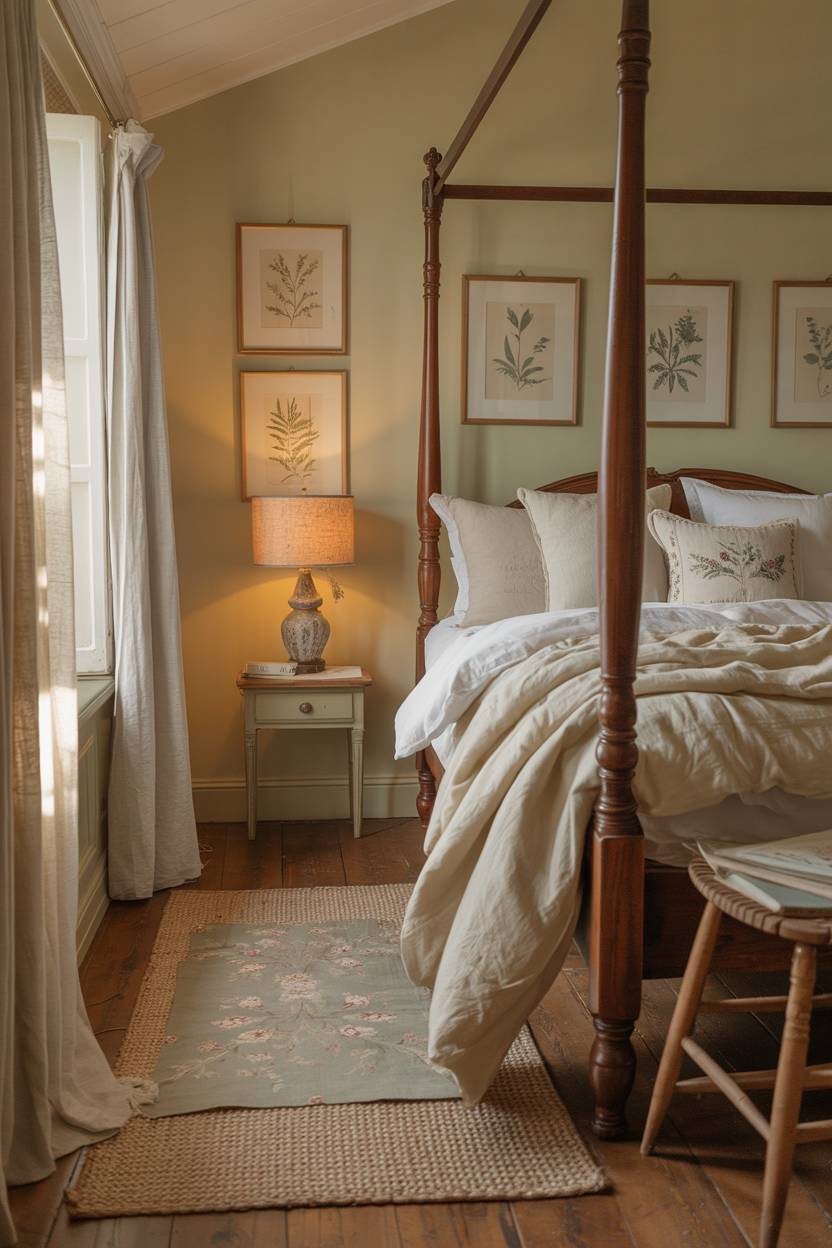 27 Cozy Cottage Bedroom Ideas for a Warm, Charming Retreat 7 A cottage bedroom centered around a four-poster bed with cream duvet