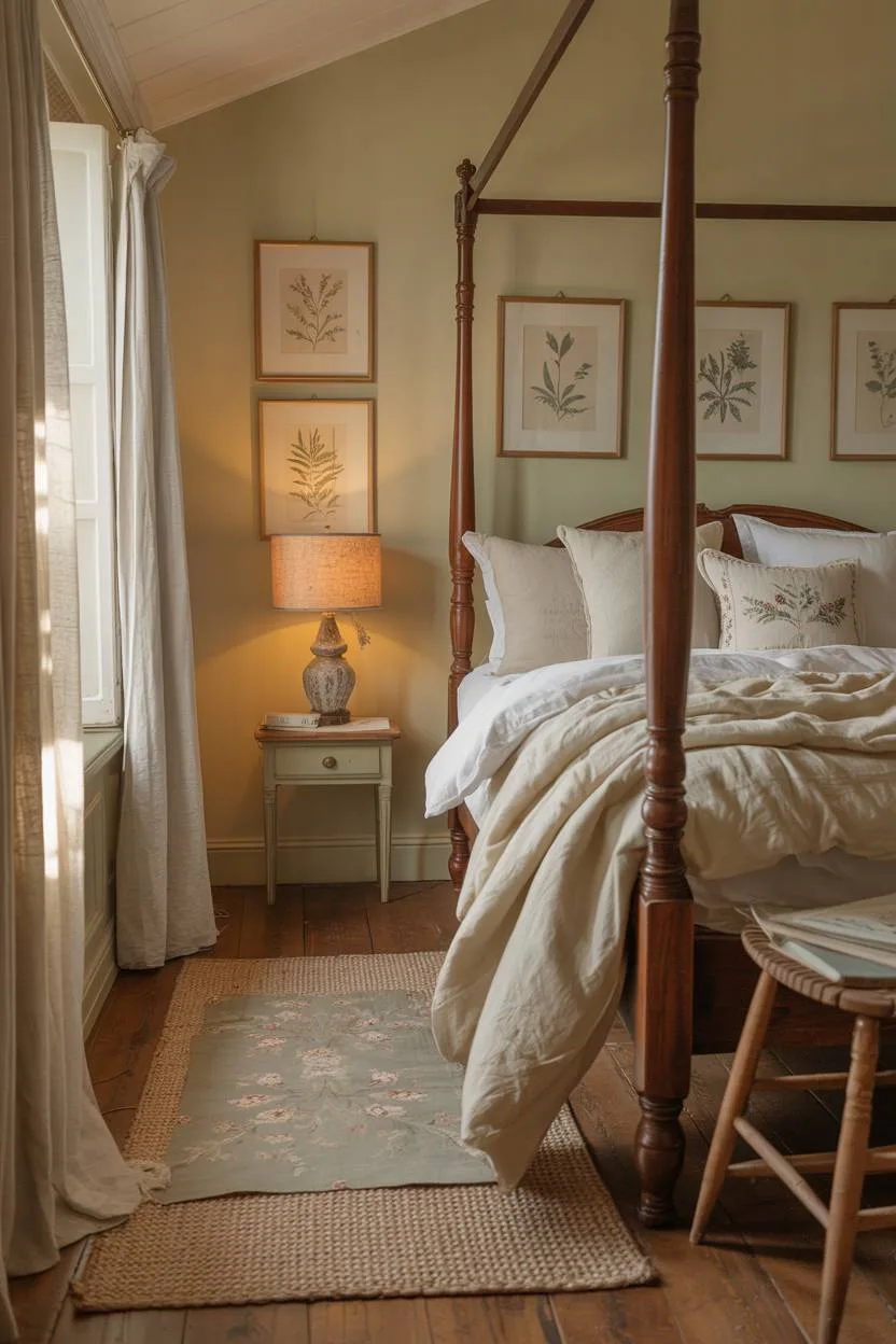 27 Cozy Cottage Bedroom Ideas for a Warm, Charming Retreat 7 A cottage bedroom centered around a four-poster bed with cream duvet