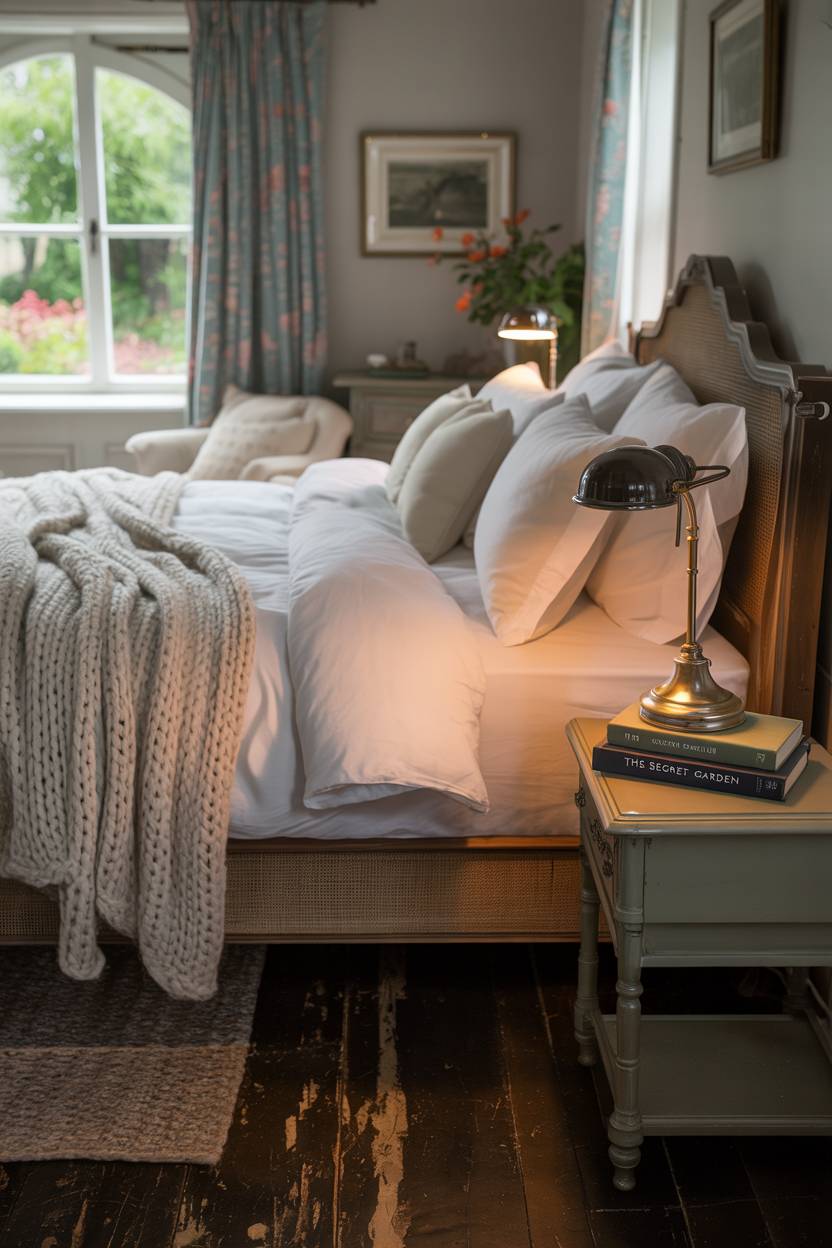 27 Cozy Cottage Bedroom Ideas for a Warm, Charming Retreat 8 A cottage bedroom with dark wood bed frame and garden view