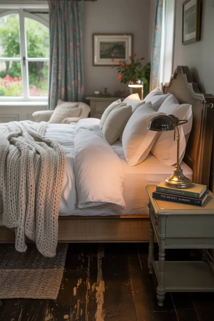 27 Cozy Cottage Bedroom Ideas for a Warm, Charming Retreat 8 A cottage bedroom with dark wood bed frame and garden view