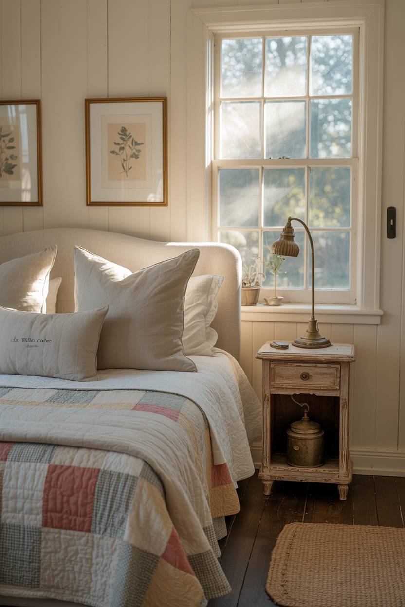 27 Cozy Cottage Bedroom Ideas for a Warm, Charming Retreat 9 A master bedroom with patchwork quilt and weathered nightstand