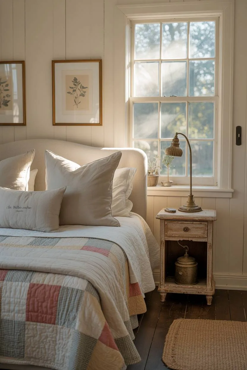27 Cozy Cottage Bedroom Ideas for a Warm, Charming Retreat 9 A master bedroom with patchwork quilt and weathered nightstand