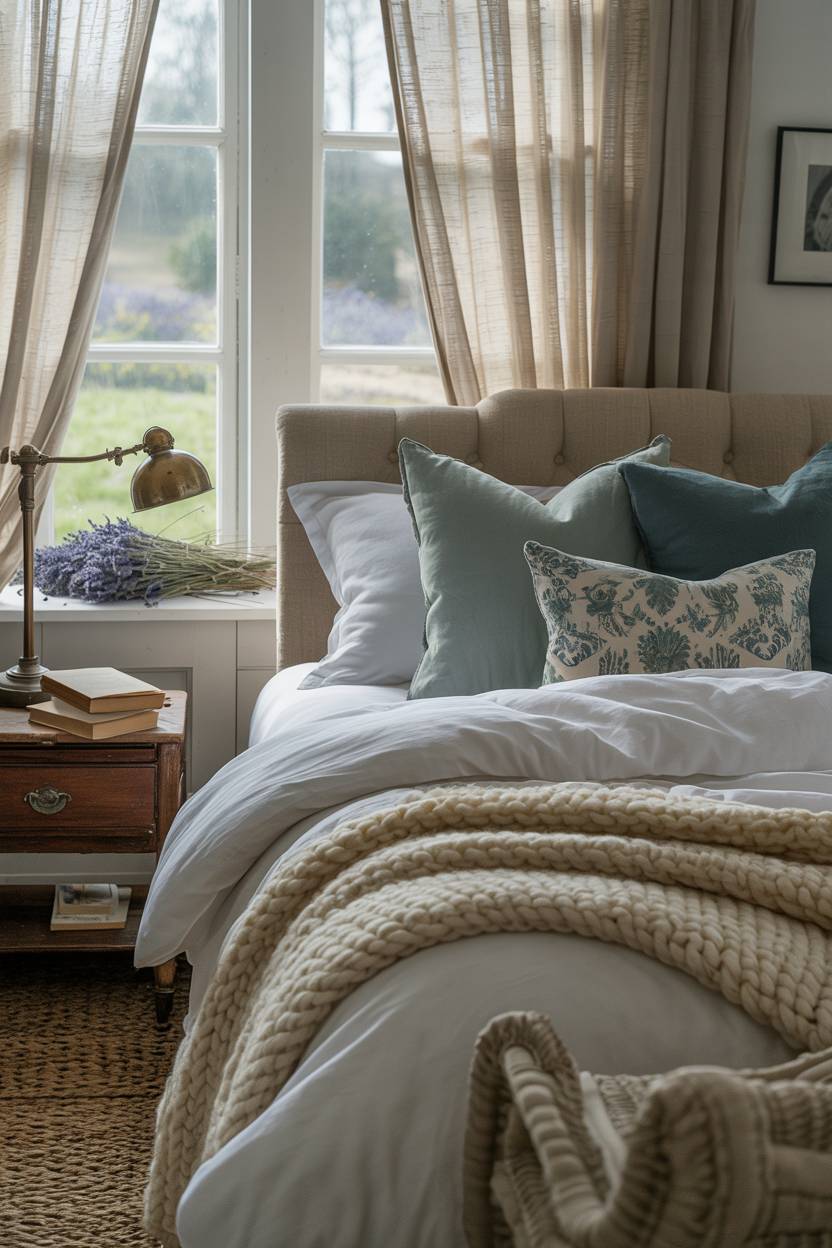 27 Cozy Cottage Bedroom Ideas for a Warm, Charming Retreat 10 A cottage bedroom featuring muted blues and greens with dried lavender