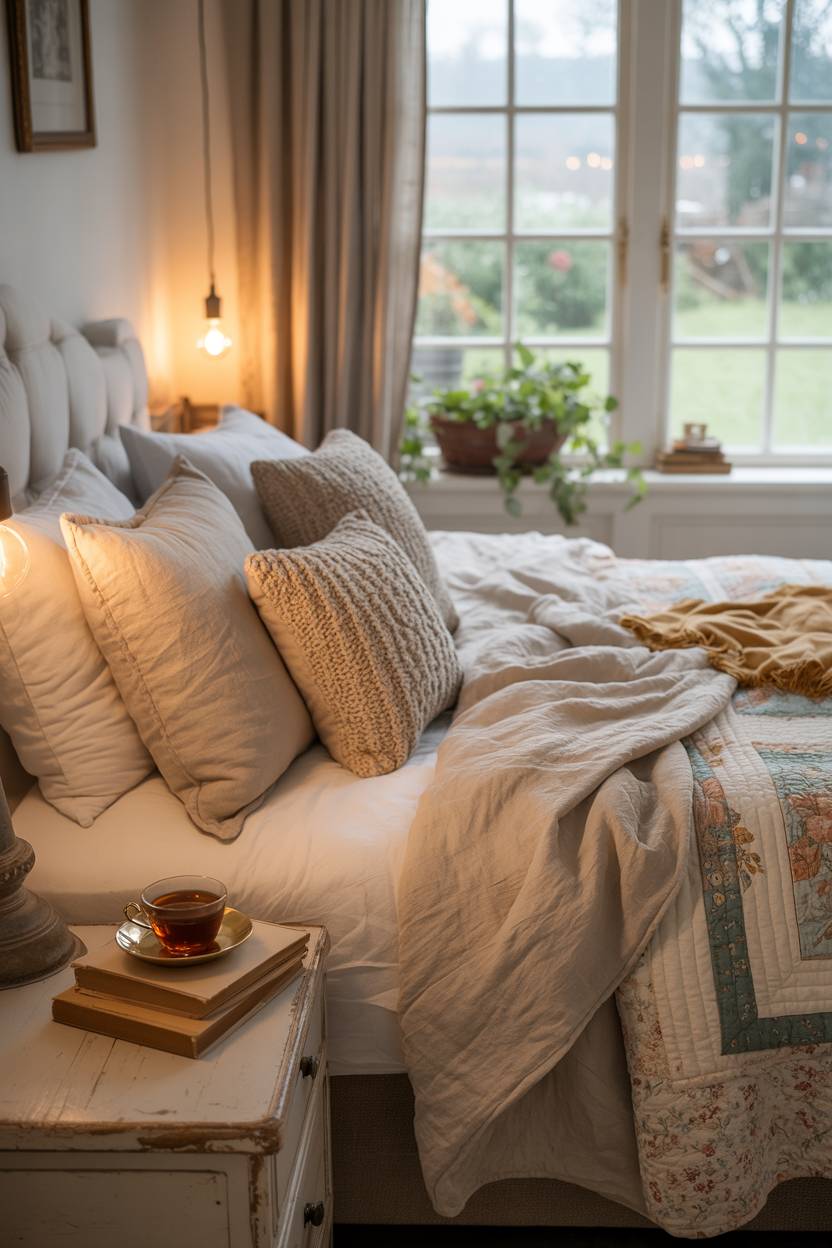27 Cozy Cottage Bedroom Ideas for a Warm, Charming Retreat 11 A cottage bedroom with knitted pillows in earthy tones and garden view
