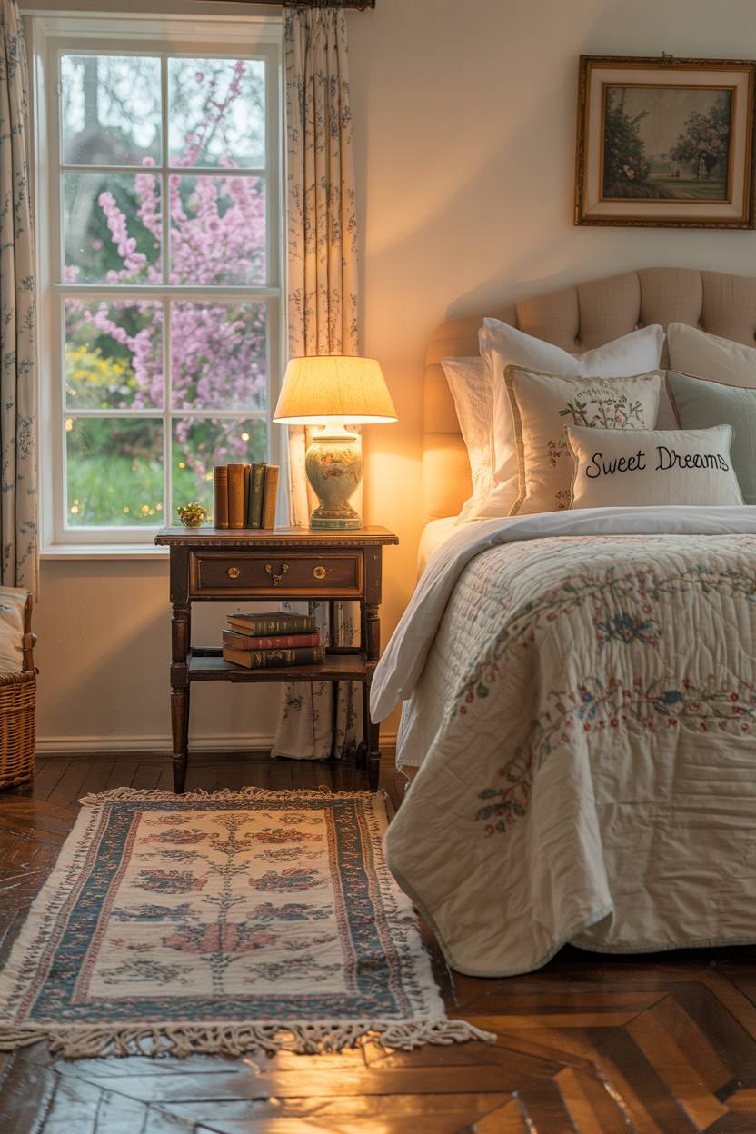 27 Cozy Cottage Bedroom Ideas for a Warm, Charming Retreat 12 A cottage bedroom with hand-stitched quilt and stack of antique books