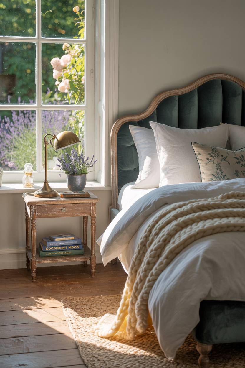 27 Cozy Cottage Bedroom Ideas for a Warm, Charming Retreat 13 A cottage bedroom featuring a dark teal velvet headboard and brass lamp