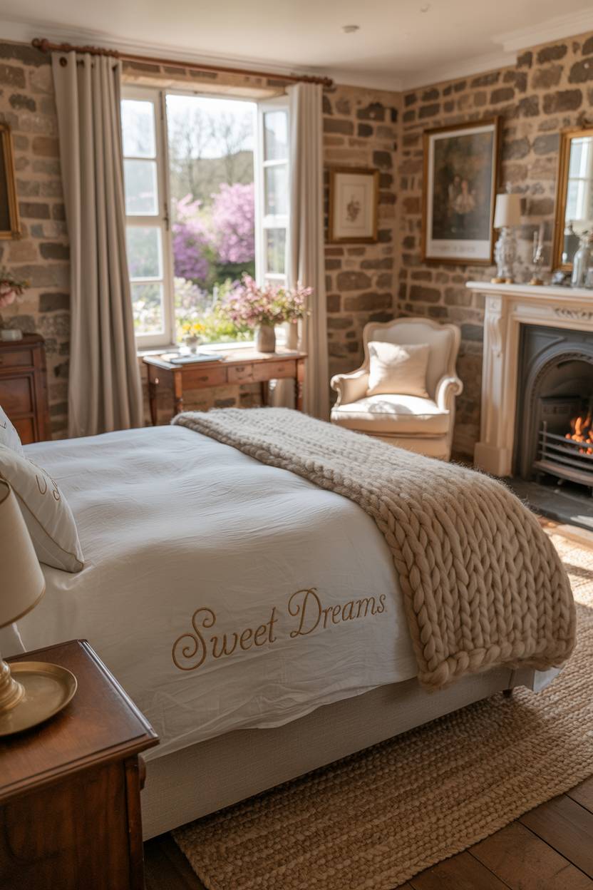 27 Cozy Cottage Bedroom Ideas for a Warm, Charming Retreat 14 A luxurious cottage bedroom with fireplace and English garden view