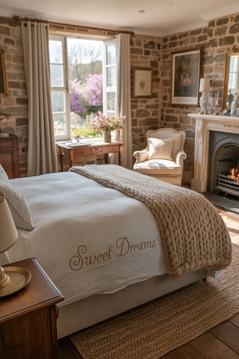 27 Cozy Cottage Bedroom Ideas for a Warm, Charming Retreat 14 A luxurious cottage bedroom with fireplace and English garden view