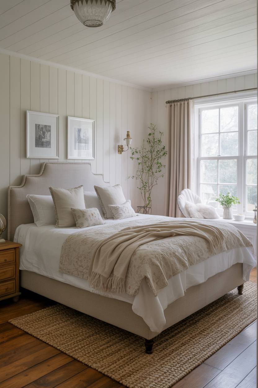 27 Cozy Cottage Bedroom Ideas for a Warm, Charming Retreat 15 A bright bedroom with white vertical shiplap walls and jute area rug