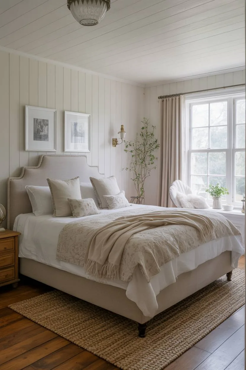 27 Cozy Cottage Bedroom Ideas for a Warm, Charming Retreat 15 A bright bedroom with white vertical shiplap walls and jute area rug