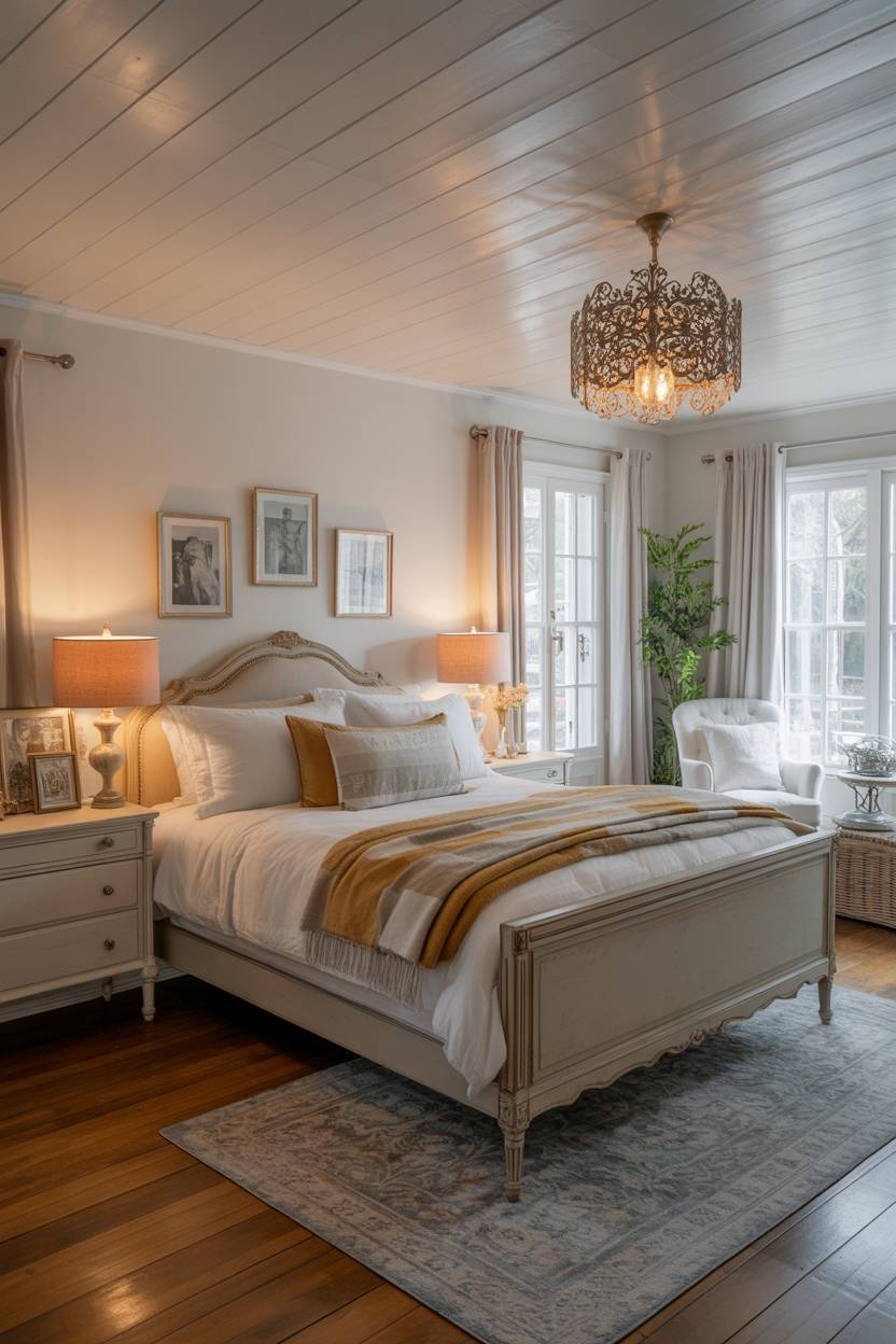 27 Cozy Cottage Bedroom Ideas for a Warm, Charming Retreat 17 A luxurious bedroom with ornate bronze chandelier and French-style bed