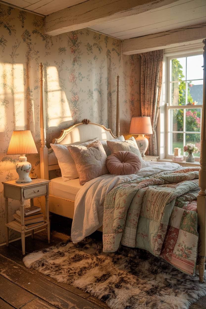 27 Cozy Cottage Bedroom Ideas for a Warm, Charming Retreat 18 A cottage bedroom with four-poster bed and floral wallpaper headboard