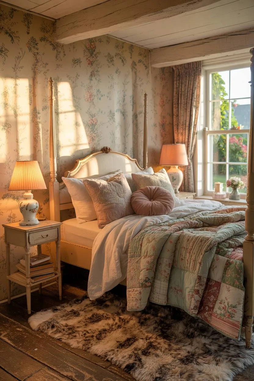 27 Cozy Cottage Bedroom Ideas for a Warm, Charming Retreat 18 A cottage bedroom with four-poster bed and floral wallpaper headboard