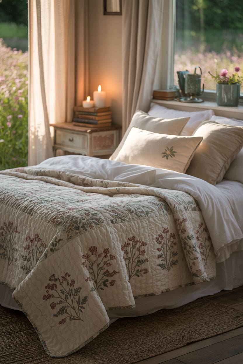 27 Cozy Cottage Bedroom Ideas for a Warm, Charming Retreat 19 A cottage bedroom with hand-stitched floral quilt and wildflower field view