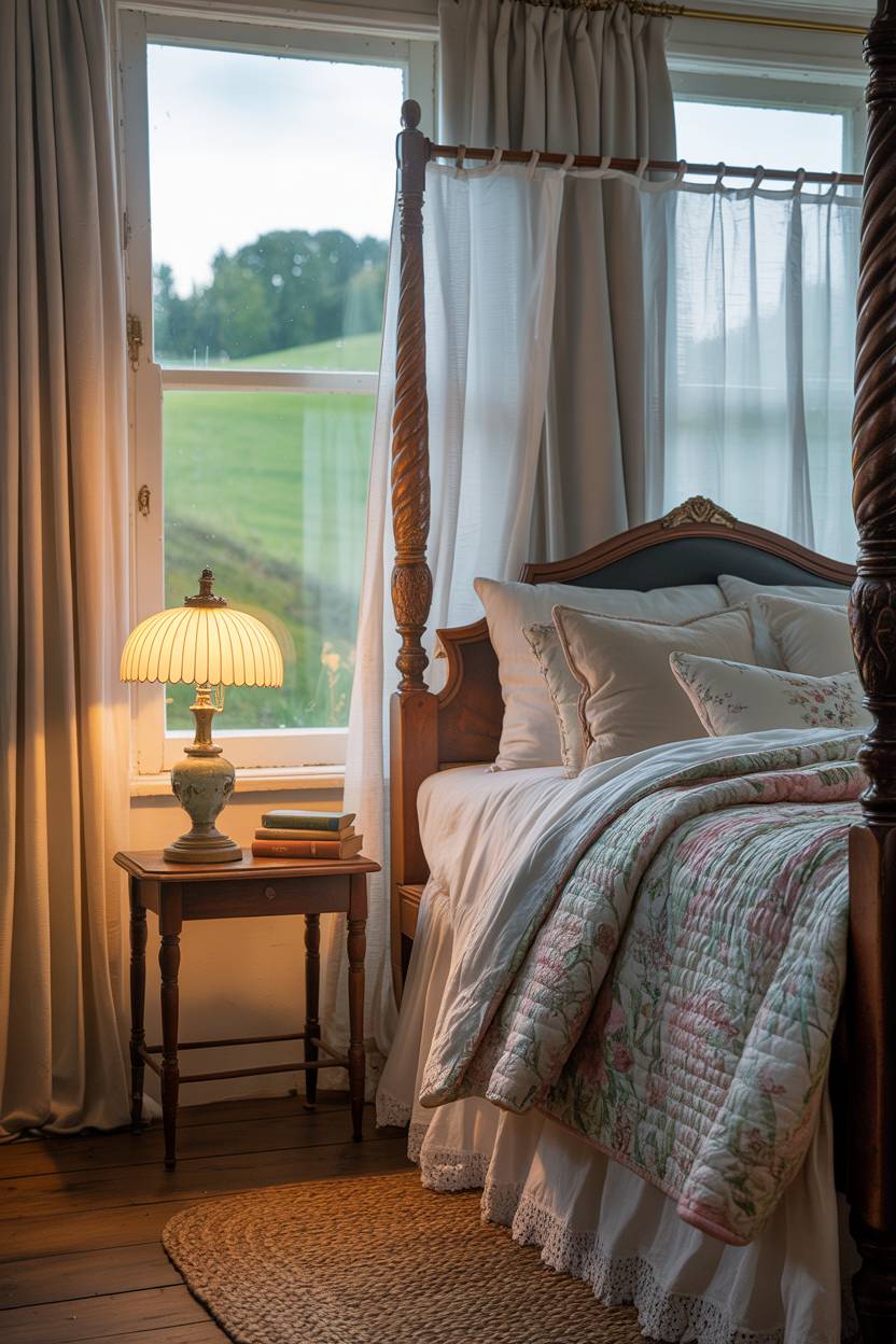27 Cozy Cottage Bedroom Ideas for a Warm, Charming Retreat 20 A cottage bedroom with antique four-poster bed and braided rug
