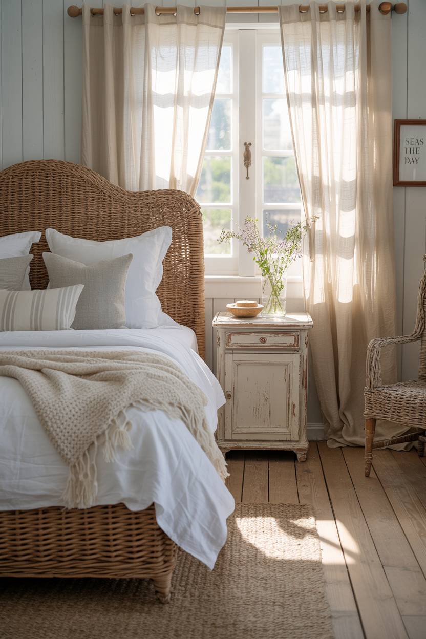 27 Cozy Cottage Bedroom Ideas for a Warm, Charming Retreat 21 A coastal cottage bedroom with seagrass headboard and "Seas the Day" print