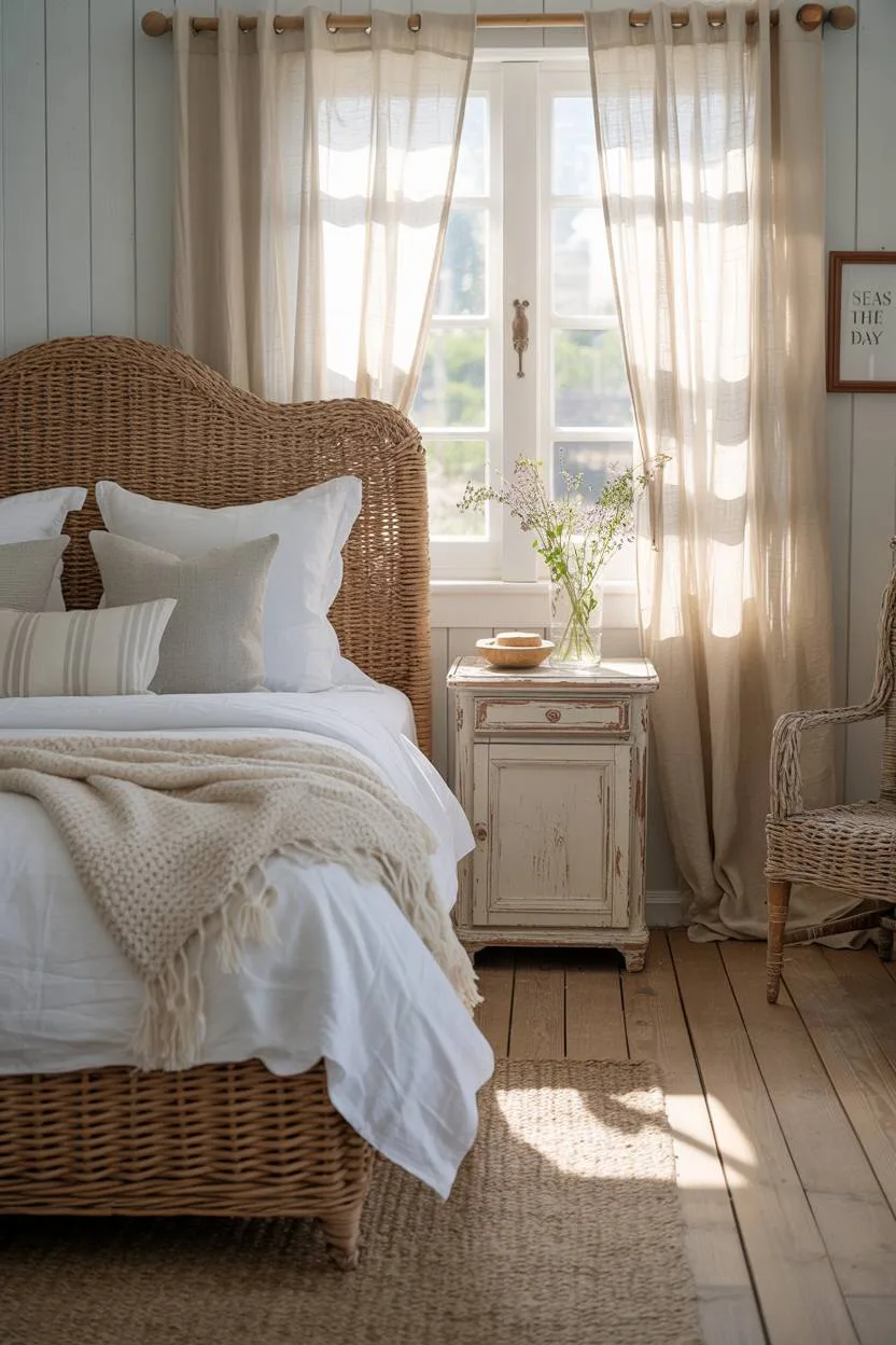 27 Cozy Cottage Bedroom Ideas for a Warm, Charming Retreat 21 A coastal cottage bedroom with seagrass headboard and "Seas the Day" print