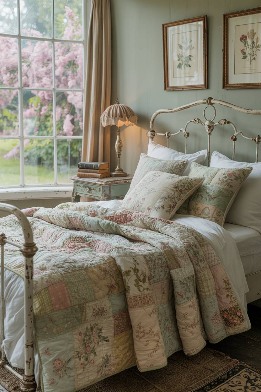 27 Cozy Cottage Bedroom Ideas for a Warm, Charming Retreat 22 A vintage cottage bedroom with distressed white iron bed and pastel quilt
