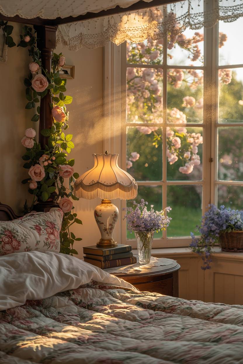 27 Cozy Cottage Bedroom Ideas for a Warm, Charming Retreat 23 A vintage cottage bedroom with climbing roses and forget-me-not flowers